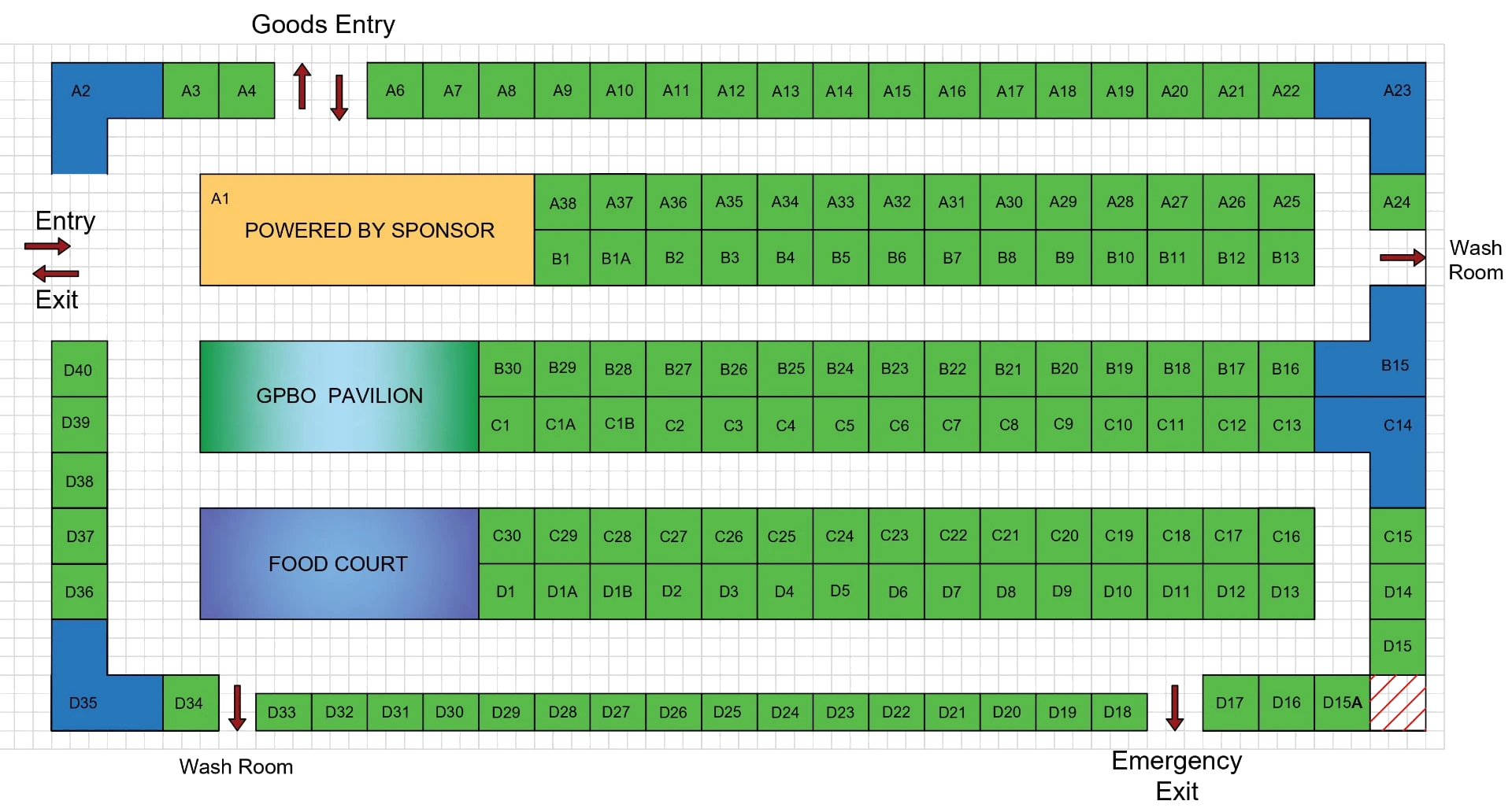 Official floor plan of GPBO Ahmedabad Business Expo 2026 showing sponsor and exhibitor stalls